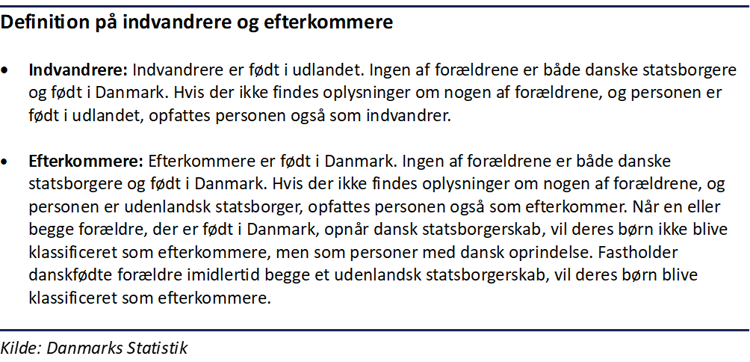 Faktaboks med Danmarks Statistiks definitioner på indvandrer og efterkommere
