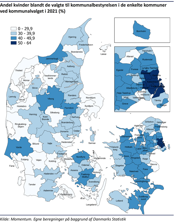 Kommunalfordelt Danmarkskort med andel af kvinder i de enkelte kommunalbestyrelser