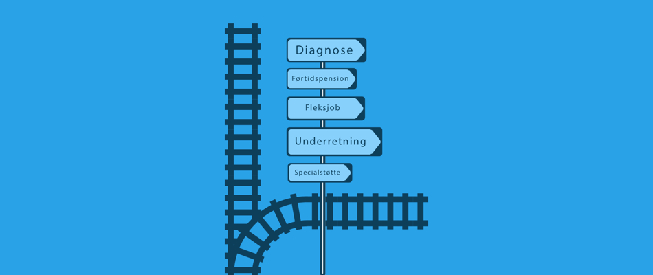 Togskinner, der deler sig i to. Det ene spor går til siden, hvor et skilt viser vej til "diagnose", "førtidspension", "fleksjob", "underretning" og "specialstøtte".