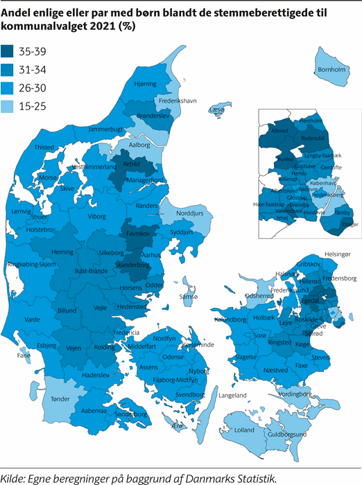 Danmarkskort, der viser, hvor stor en andel børnefamilier, der er blandt vælgerne i de enkelte kommuner.