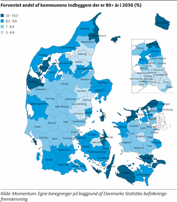 Danmarkskort der viser andelen af 80+årige i de enkelte kommuner. I 17 kommuner vil der i 2030 være minimum 10% af indbyggerne der er 80+.