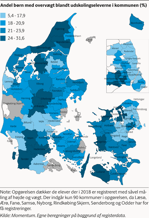 Danmarkskort der viser forskellene i andelen af børn med overvægt blandt udskolingsbørnene i landets kommuner