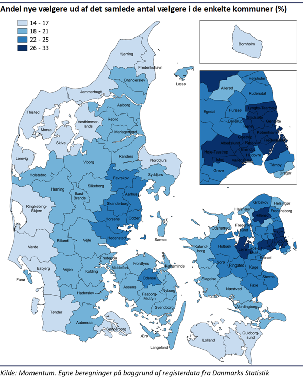Kommunalopdelt Danmarkskort der viser, hvor stor en andel af vælgerne i kommunen, der skal stemme for første gang i kommunen til kommunalvalget