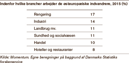 Grafik der viser de primære brancher for de østeuropæiske indvandrere